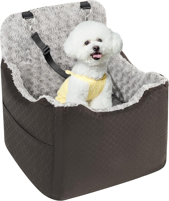 Dog Car Seat for Small Medium Dogs - 6.7inch Elevated Dog Booster Car Seats wih Soft Rose Velvet, Washable Travel Pet Carseat with 2 Safety Leashes and Storage Pockets(Grey/Black Coffee)