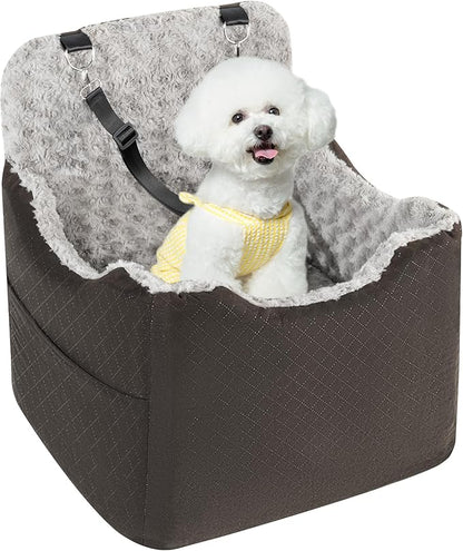 Dog Car Seat for Small Medium Dogs - 6.7inch Elevated Dog Booster Car Seats wih Soft Rose Velvet, Washable Travel Pet Carseat with 2 Safety Leashes and Storage Pockets(Grey/Black Coffee)
