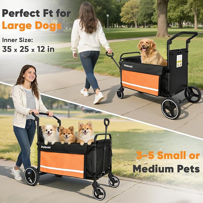 Petbobi 2-in-1 Dog Wagon Stroller for Large & Medium Dogs – Foldable Push & Pull Stroller with Ramp, 360° Swivel Wheels, Adjustable Handles & Safety Leashes for Walking Camping Parks