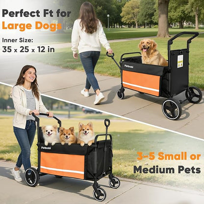 Petbobi 2-in-1 Dog Wagon Stroller for Large & Medium Dogs – Foldable Push & Pull Stroller with Ramp, 360° Swivel Wheels, Adjustable Handles & Safety Leashes for Walking Camping Parks