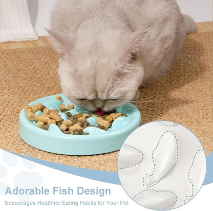 Slow Feeder Bowl for Cats and Small Dogs,Cilkus Fish Pool Design, Fun Interactive Bloat Stop Puzzle Feeder Bowl Healthy Eating Diet Made of Melamine Food Grade Material Dishwasher Safe (Blue)