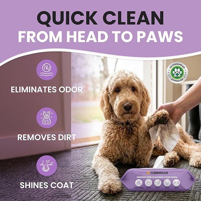 We Love Doodles Dog Wipes - Deodorizing & Cleaning Pet Wipes, for Coat, Face, Paws, Butt, & Body, Dog Essentials & Grooming Supplies, Made in USA, Lavender (100 Count)