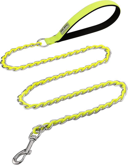 Chain Dog Leash Chew Proof Metal Leash for Medium Large Dogs, Chain Link Dog Anti Chew 5.2FT / 4FT Strong Anti Bite Comfortable Soft Padded Handle (Yellow, 5FT(30-80lb)
