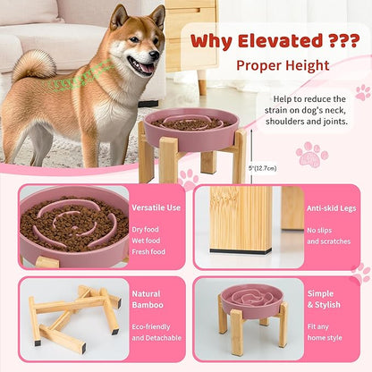 Elevated Slow Feeder Dog Bowl - Ceramic Food Dish with Bamboo Stand - Raised Maze Design - Ideal for Medium to Large Dogs - Pink - 8.8 inch