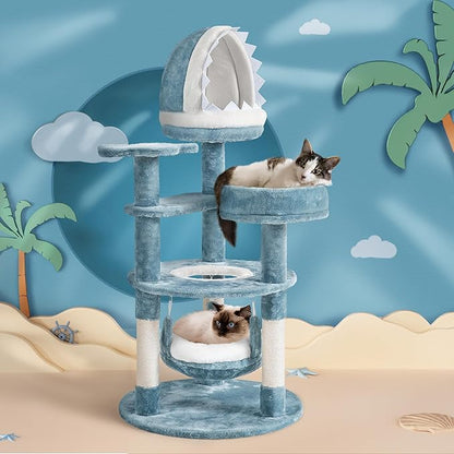 Yaheetech 45.5in Ocean-Themed Cat Tree Multi-Level Cat Tower, Plush Pet Furniture with Shark's Mouth-Shaped Nest, Sea Star-Shaped Perch, Jellyfish-Style Hammock for Indoor Kitty