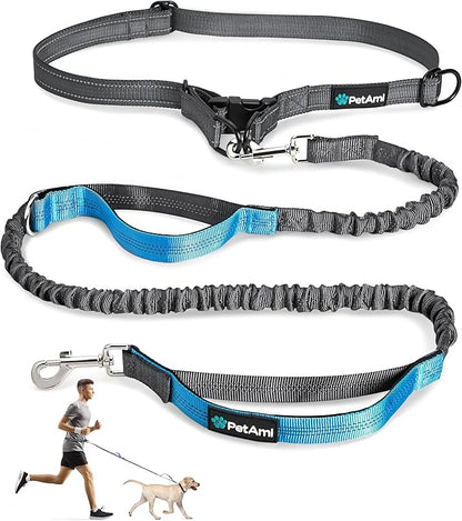 PetAmi Hands-Free Dog Leash for Walking, Running & Hiking, Heavy Duty Bungee Waist Leash with Dual Padded Handles, Adjustable Reflective Belt for Small, Medium & Large Dogs up to 150 lbs, Sea Blue