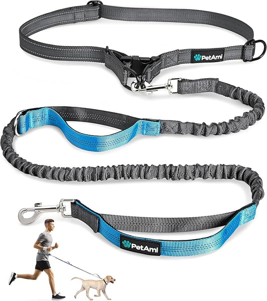 PetAmi Hands-Free Dog Leash for Walking, Running & Hiking, Heavy Duty Bungee Waist Leash with Dual Padded Handles, Adjustable Reflective Belt for Small, Medium & Large Dogs up to 150 lbs, Sea Blue