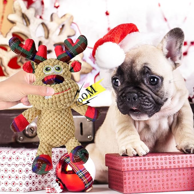 Christmas Squeaky Plush Dog Toys for Small Medium Large Dogs, Durable and Indestructible Dog Christmas Toys, Cute Reindeer Squeaky Dog Toys,Teeth Cleaning and Interactive Puppy Toys