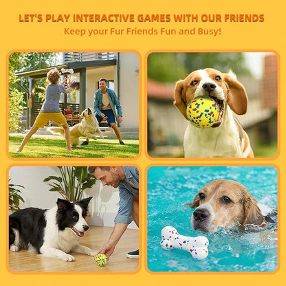4 Pcs Large size Dog Balls（with 2 Pcs 6.5" Dog Bones）, 3.15"Tennis Ball for Aggressive Chewers, Durable Bouncy Dog Toy Balls, Teething Cleaning Chew Toys, Water Toy Fetch Ball for Large Medium Dog