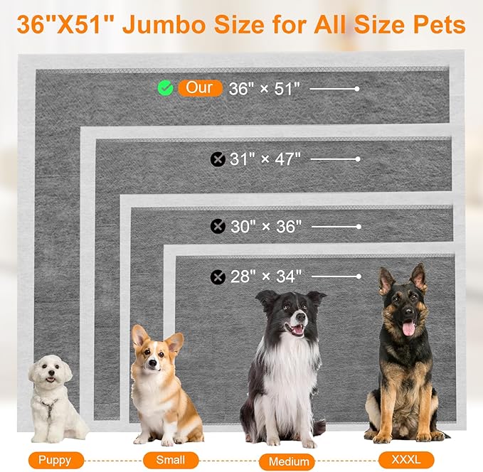 Charcoal Puppy Pads 36"×51", Ultra-Large Carbon Pee Pads for Dogs, Odor-Control Puppy Pads, 6-Layer Dog Training Pads, Ultra-Absorbent & Quick-Dry Black Dog Pads 40 Count