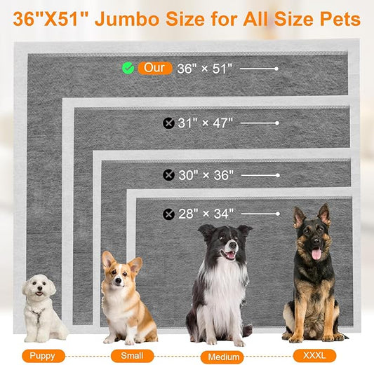 Charcoal Puppy Pads 36"×51", Ultra-Large Carbon Pee Pads for Dogs, Odor-Control Puppy Pads, 6-Layer Dog Training Pads, Ultra-Absorbent & Quick-Dry Black Dog Pads 40 Count