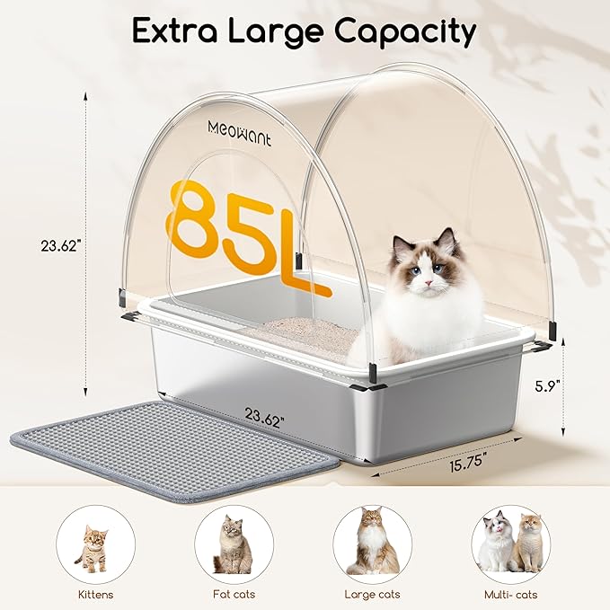 Meowant Stainless Steel Cat Litter Box with Lid, Extra Large Metal Litter Box with DIY Oxford Fabric Cover, Anti-Leakage & Non-Sticky, Odor Control, Easy Cleaning, Includes Litter Mat & Metal Scoop