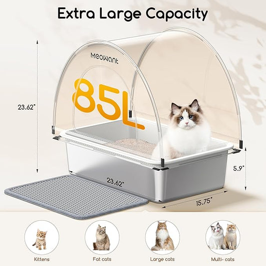 Meowant Stainless Steel Cat Litter Box with Lid, Extra Large Metal Litter Box with DIY Oxford Fabric Cover, Anti-Leakage & Non-Sticky, Odor Control, Easy Cleaning, Includes Litter Mat & Metal Scoop