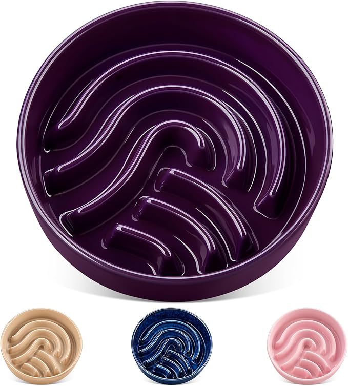 vancasso Slow Feeder Dog Bowl, 3 Cup Ceramic Slow Feeding Food Dish for Large Breed, Puzzle Dog Food Bowl for Fast Eater, Dark Purple