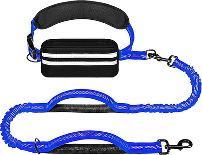 Hands Free Dog Leash with Zipper Pouch, Running Waist Leash for Dog Walking, Adjustable Waist Belt for Large Dogs, Reflective Bungee Design with Two Handle for Hiking, Training, Royal Blue