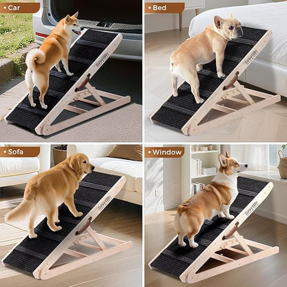 Dog Ramp for Bed - Foldable Small to Large Dog Ramp for Couch - 6 Adjustable Height from 12" to 24" - Stairs with High Traction Mat - Wooden Portable Ramp for Dogs to Get on Bed Couch Car Up to 200LBS