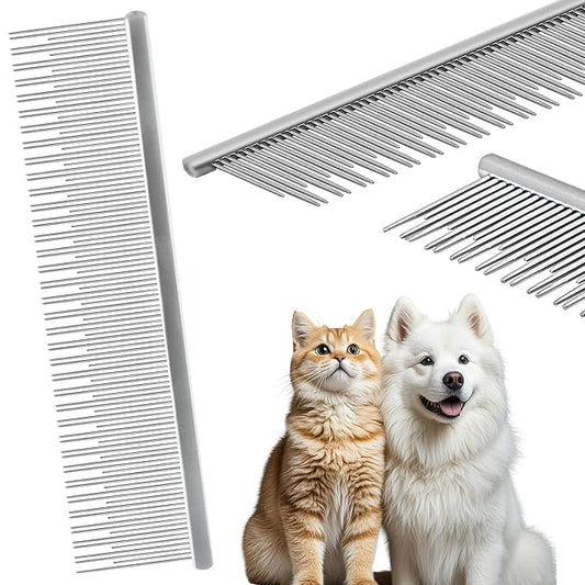Professional 7.5 In Dual Tooth Pet Grooming Comb for Long-Haired Cats and Dogs, Metal Dematting Tool for Tangles, Knots, Undercoat and Excess Hair, Rounded Corners for Safe Deshedding and Detangling