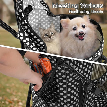Pet Stroller for Small Dogs & Cats - 10-22lbs, Rear Storage, Black Polka Dots