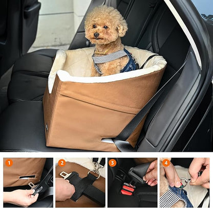 Amazon Basics Dog Car Seat Booster for Small Dogs up to 25lbs, Washable Removable Cover, Safety Leash, Elevated View for Window, 18" x 18" x 16", Tan