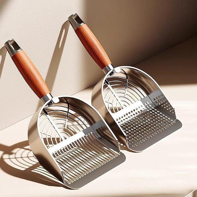 DHXYZZB Cat Litter Scoop 304 Stainless Steel Litter Shovel, Heavy Duty Litter Sifter, Litter Scooper with Wooden Handle Dual Sifting Design Perfect for Cat Litter Box Cleaning