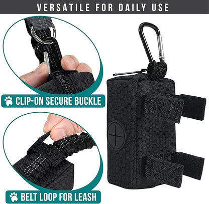 PetAmi Dog Poop Bag Holder & Waste Bag Dispenser with Clip-On Pouch Includes 1 Roll of Pet Waste Bags Portable Dog Walking Accessories for Leash, Belt or Backpack, Black