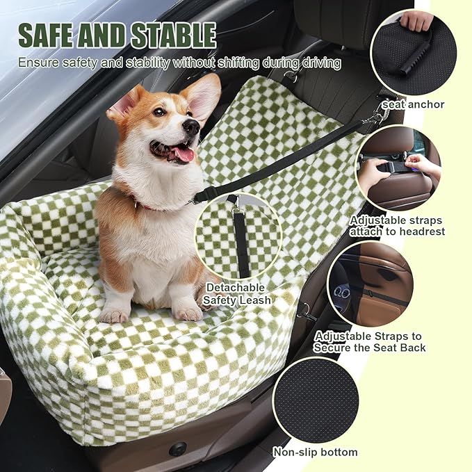 Dog Car Seat for Small Dogs,Medium Dog Car Bed with Detachable Washable Cover,Pet Puppy Booster Cars Seats with Safety Belt Up to 30 lbs(Grid Green)