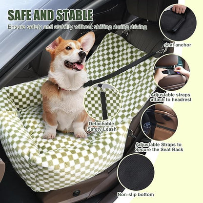 Dog Car Seat for Small Dogs,Medium Dog Car Bed with Detachable Washable Cover,Pet Puppy Booster Cars Seats with Safety Belt Up to 30 lbs(Grid Green)