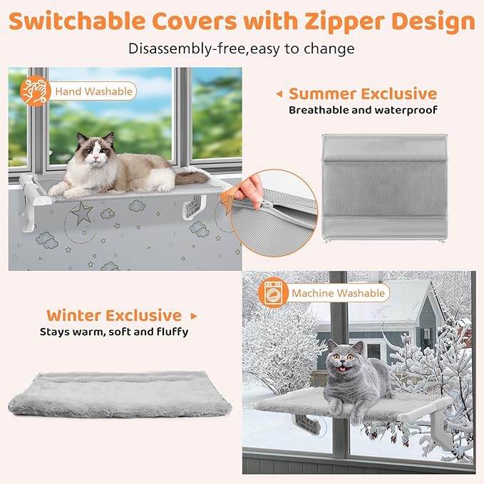 2 in 1 Cat Window Perch,Cat Window Hammock with Metal Sliding Clamping Adjustment,Removable Two Fabrics Cover,4 Suction Cups,Window Beds for Indoor Cat(22"x13")