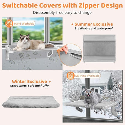 2 in 1 Cat Window Perch,Cat Window Hammock with Metal Sliding Clamping Adjustment,Removable Two Fabrics Cover,4 Suction Cups,Window Beds for Indoor Cat(22"x13")
