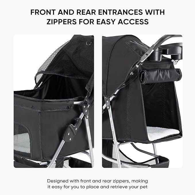 3 Wheel Pet Stroller for Dogs and Cats, Foldable, Lightweight and Durable, Ideal for Small to Medium Pets, Includes Storage Basket and Cup Holders
