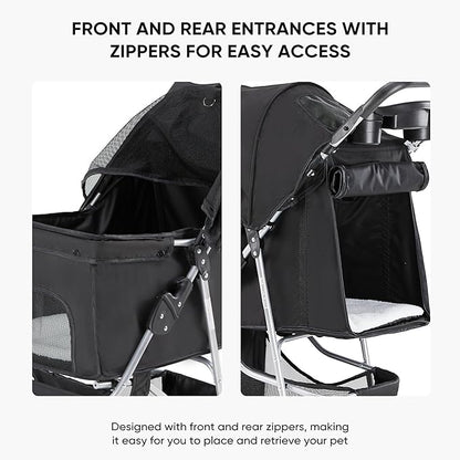 3 Wheel Pet Stroller for Dogs and Cats, Foldable, Lightweight and Durable, Ideal for Small to Medium Pets, Includes Storage Basket and Cup Holders