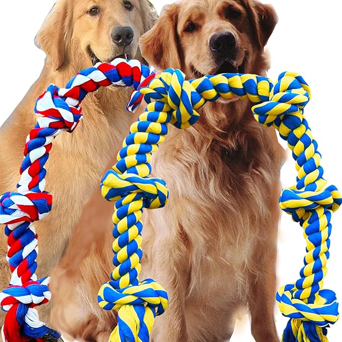 6 Knot 2 Pack 3.6 Feet Large Dog Chew Rope Heavy Duty Aggressive Chewer Durable Tough Toys Interactive Tug of War Play Outdoor Chewing Tugging Breed Pull Long Pulling Toy Pitbull, Blue&Red