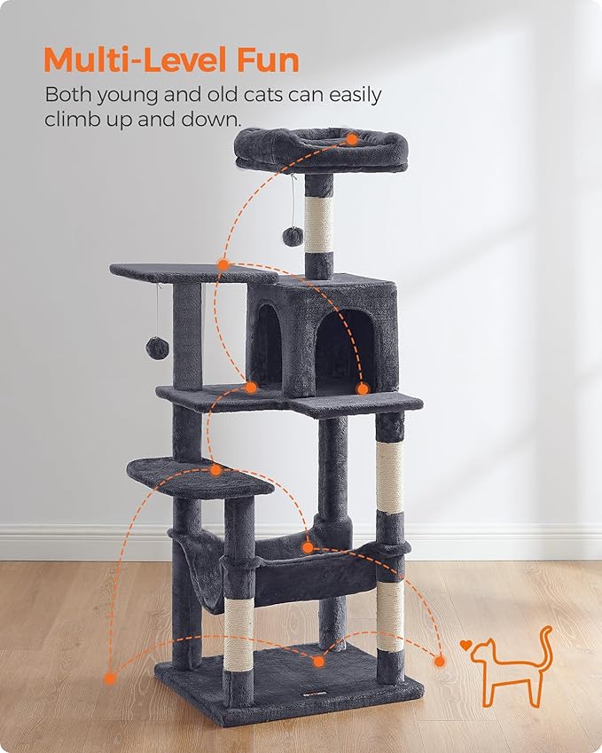 Feandrea Cat Tree, 55.1-Inch Cat Tower, Plush Multi-Level Condo with 4 Scratching Posts, 2 Perches, Hammock, Cave, Smoky Gray UPCT161G01