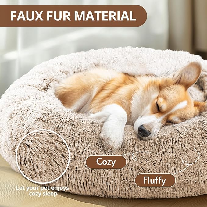 JOLLYVOGUE Calming Dog Beds Large Sized Dog, 36in Donut Washable Large Pet Bed, Anti-Slip & Anti-Anxiety Fluffy Faux Fur Round Dogs Bed, Fits up to 80 lbs Pets (Cream Brown)
