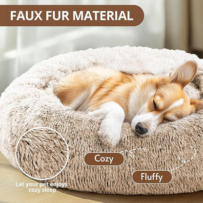 JOLLYVOGUE Calming Dog Beds Large Sized Dog, 36in Donut Washable Large Pet Bed, Anti-Slip & Anti-Anxiety Fluffy Faux Fur Round Dogs Bed, Fits up to 80 lbs Pets (Cream Brown)