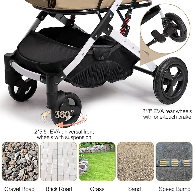 Pet Stroller for Medium Small Dog & Cat, Foldable Lightweight Dog Stroller with Storage Basket Pet Travel Carriage with Safety Leashes, 4 Wheel, Khaki