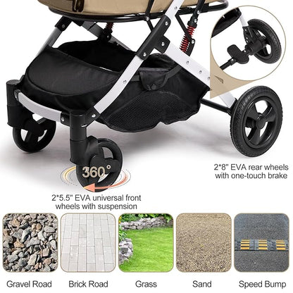 Pet Stroller for Medium Small Dog & Cat, Foldable Lightweight Dog Stroller with Storage Basket Pet Travel Carriage with Safety Leashes, 4 Wheel, Khaki