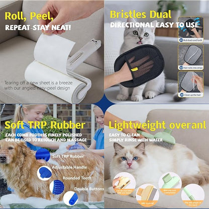 Electrostatic Pet Hair Removal Glove - Includes Self-Cleaning Deshedding Comb + Refillable Lint Roller + Soft Bath Brush, 4-in-1 Pet Grooming Kit for Cats/Dogs/Clothes/Couch/Car