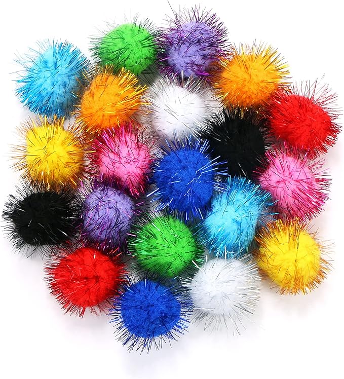 CABAX 1.8'' Assorted Color Sparkle Balls, Tinsel Pom Poms Puff Balls Glitter for Cat Kittens Toys DIY Christmas, 20 Pcs