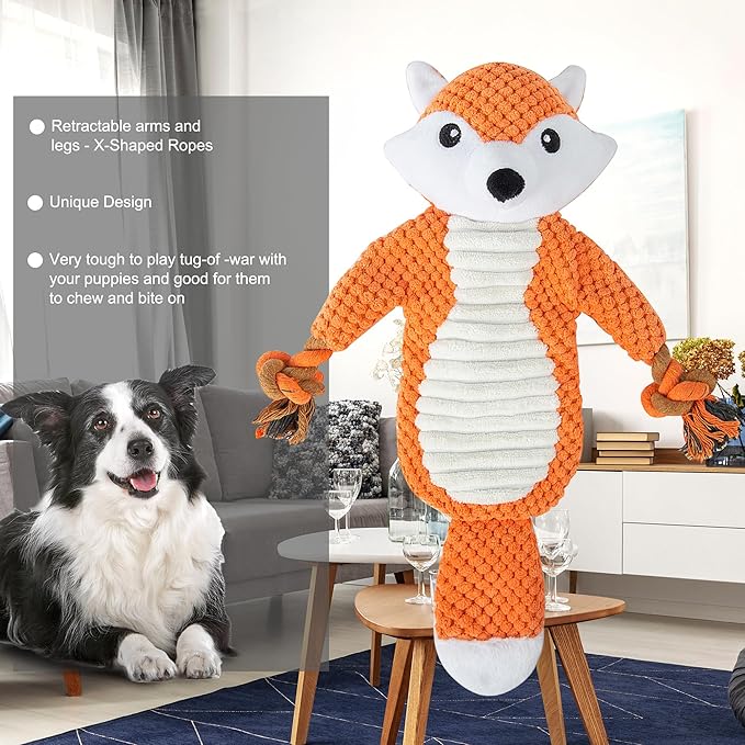 No Stuffing Squeaky Dog Toys Plush Chew Toy for Small Medium Puppy Large Breed, Stuffless Cute Animal Plush Toy for Indoor Play, Tough Durable Teething Interactive Gift, Fox,Red