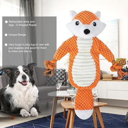 No Stuffing Squeaky Dog Toys Plush Chew Toy for Small Medium Puppy Large Breed, Stuffless Cute Animal Plush Toy for Indoor Play, Tough Durable Teething Interactive Gift, Fox,Red