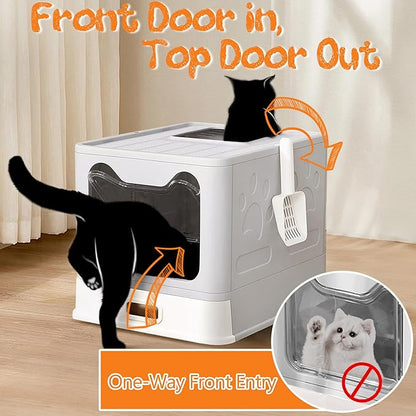 Enclosed Cat Litter Box with Lid Top Exit Covered Metal Stainless Steel Litter Box Leak Proof & Odorless Easy to Clean Including Cat Litter Scoop and Litter Mat
