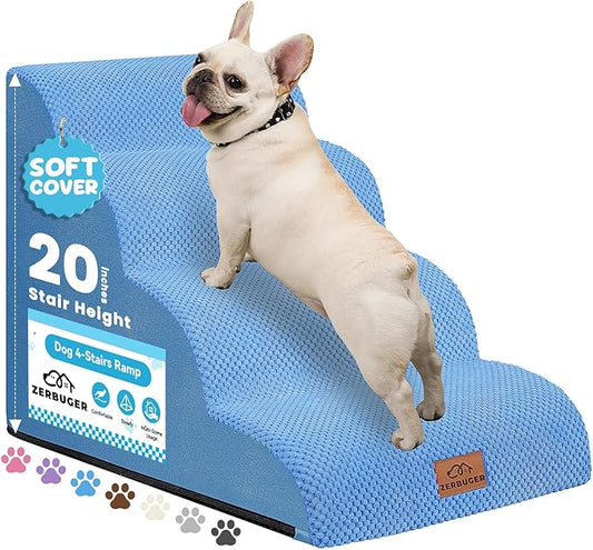 Dog Ramp and Stair for Bed 16" H-20 H,3-Step Cat Stair for Sofa and Chair,4-Step Dog Ramp for High Bed and Window,Durable Nonslip Fabric Cover for Indoor (Blue-20“H, Pet Friendly, 4)