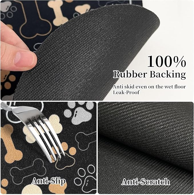 Dog & Cat Food Mat Bone Shaped Pet Feeding Mat Quick Absorb Water Bowl Placemat with Rubber Backing Indoor Floor Stain Resistant Pet Accessory Supplies (Black, 12x18 Inches)