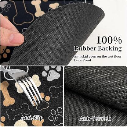 Dog & Cat Food Mat Bone Shaped Pet Feeding Mat Quick Absorb Water Bowl Placemat with Rubber Backing Indoor Floor Stain Resistant Pet Accessory Supplies (Black, 12x18 Inches)