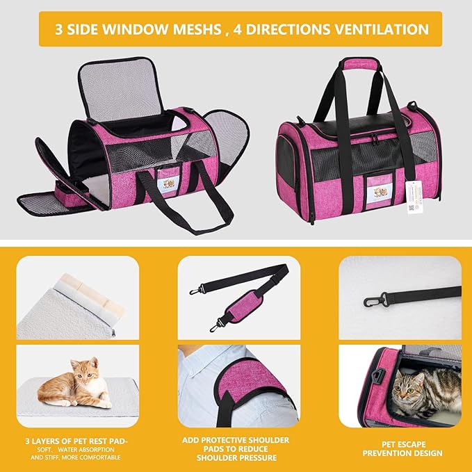 Airline Approved Cat Carrier, Soft-Sided Pet Travel Carrier for Cats and Small Dogs up to 15lbs, TSA Approved Under Seat Carrier with Collapsible Bowl, 17x12x11 Inch, Red