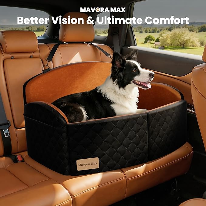 Dog Car Seat for Medium/Large Dogs, Memory Foam Dog Booster Seat with Thick Cushion up to 55 lbs or 2 Small Dogs, Travel Pet Car Seat with Detachable Washable Cover, 2 Safety Leashes (Black/Brown)