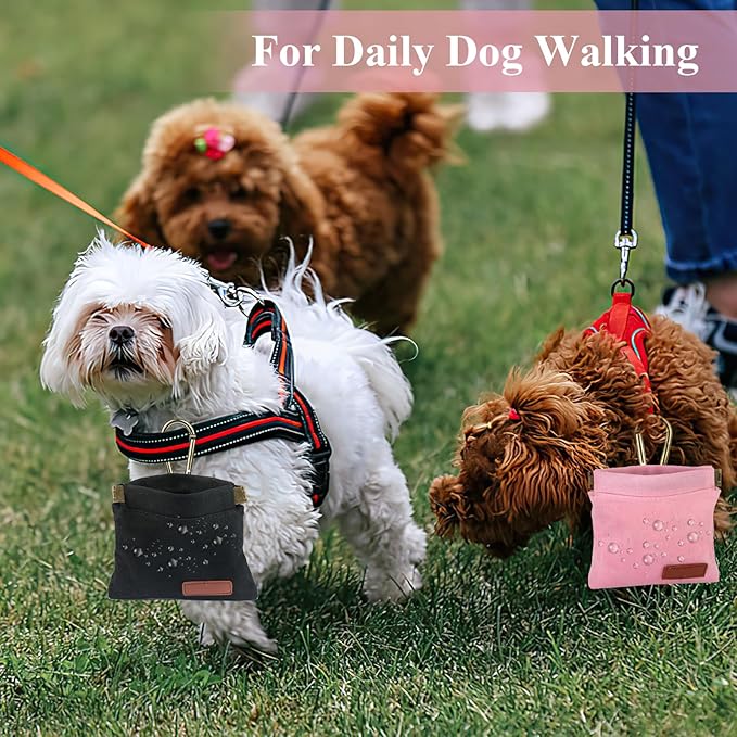 2Pcs Dog Treat Pouches for Pet Training, Hand Free Puppy Dogs Treat Bag with Carabiner, Portable Auto Closing Pet Dog Walking Bag for Travel or Outdoor Use, Pets Feed Snack Reward Pocket- Black, Pink