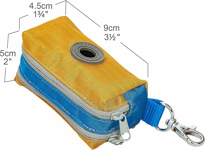 Blueberry Style Dog Waste Bag Dispenser, Mustard Yellow, Color-Block Trash Bag Dispenser with 2 Auto Locking Zipper, Dog Poop Bag Holder Leash Attachment, Includes 1 Roll of Free Poop Bags