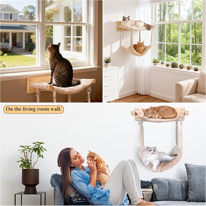 JSPYFITS Wooden Cat Wall Hammock, 18.9 x 12.6 Inch Double Layer Cat Furniture Hammock, Large Removable Multi-Function Cats Bed for Sleep/Play/Climb/Lounge Easy DIY Installation(Beige)